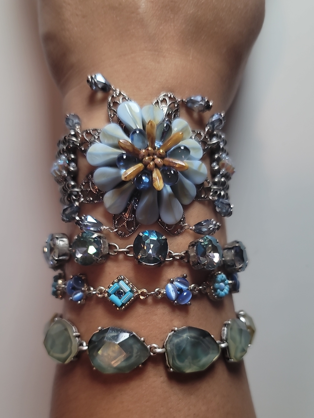 Artisan, Handmade Blue & Amber Colored Glass, Crystal Flower bracelet